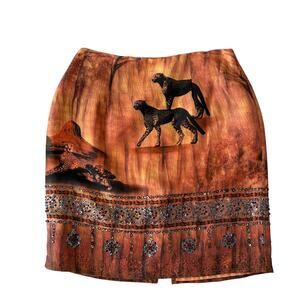 Vintage Mob Wife Artsy 100% Silk Skirt P6 Brown Cheetah Beaded Sequin Desert